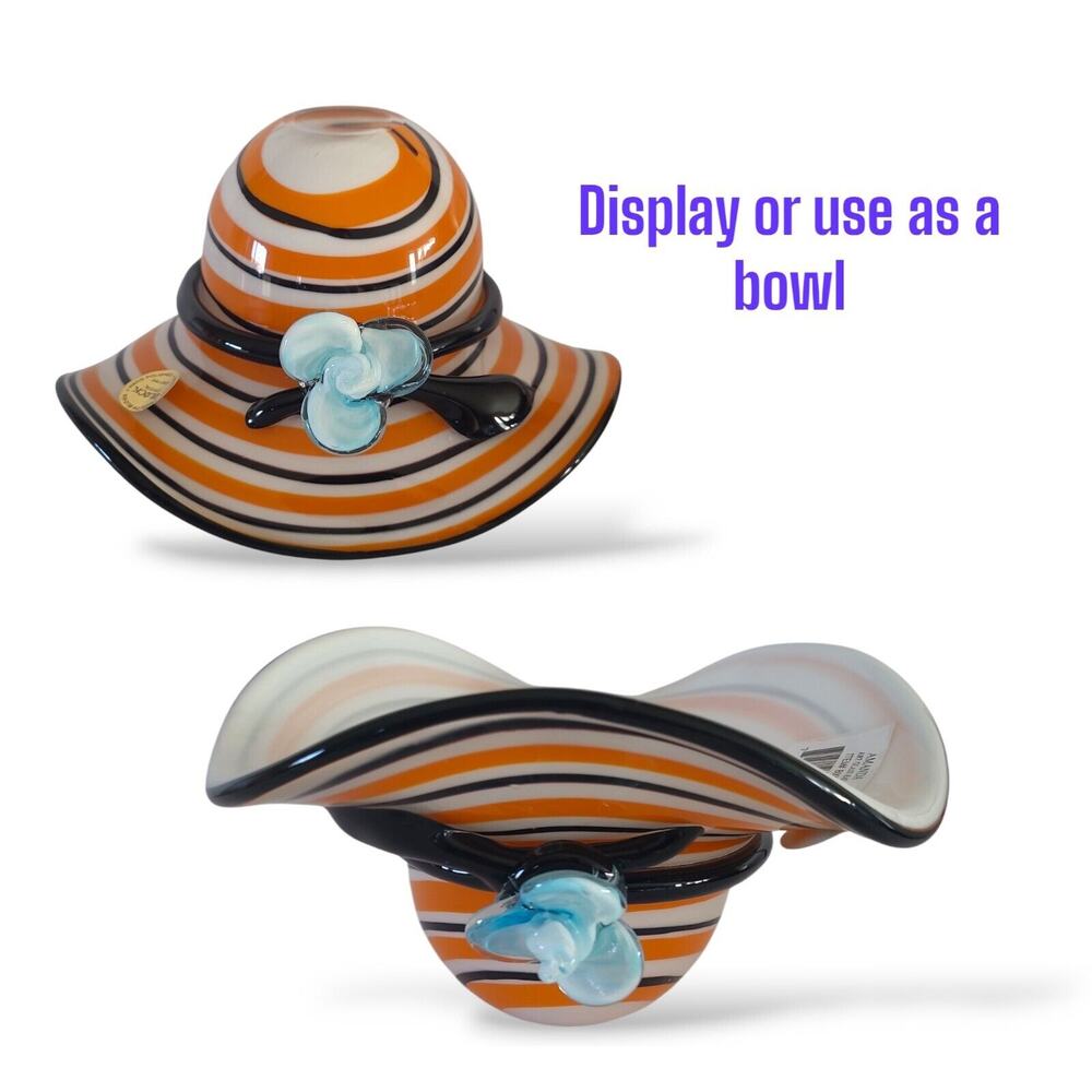 Block Crystal Amanda Hand Blown White Orange Art Glass Hat Blue Flower Bowl
